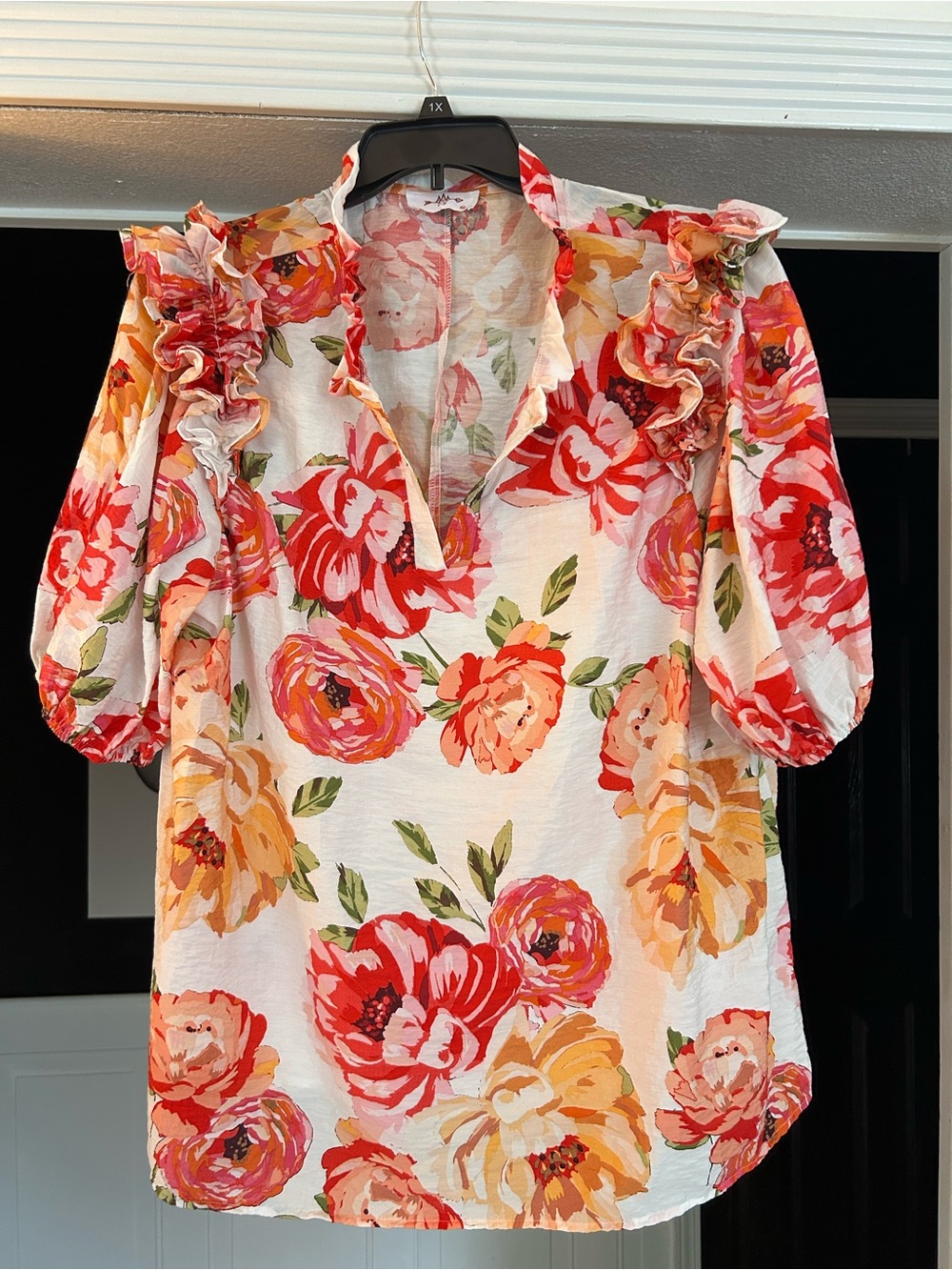R2 Floral Ruffle V-Neck Tunic in Red, Pink, Peach and Green